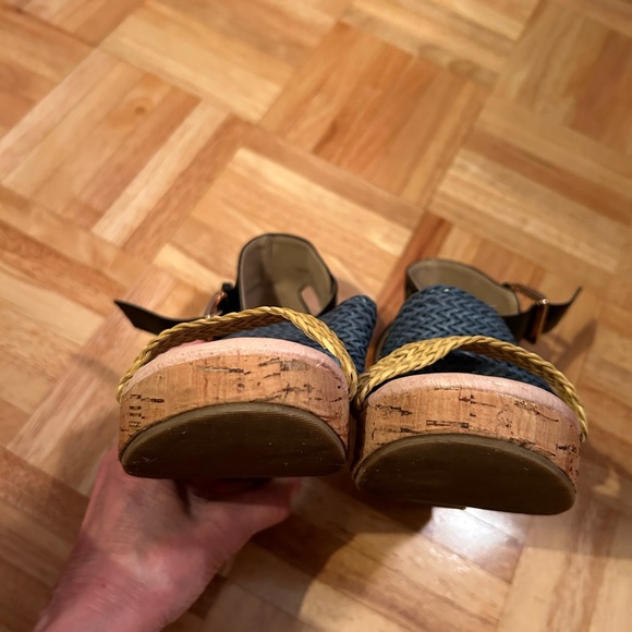 Women’s Aqua and yellow braided with black ankle strap enclosed cork 2 1/2 heel - Picture 10 of 12